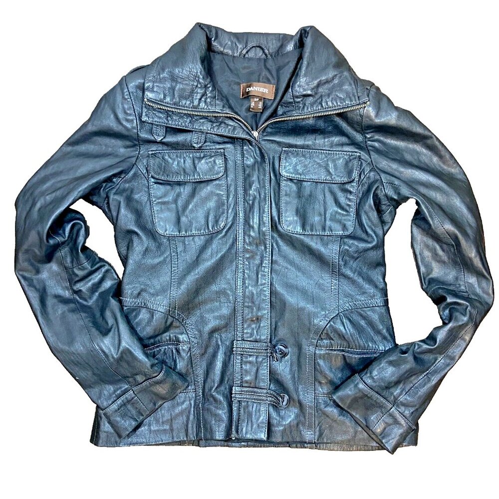 Danier Black Leather Zip-Up Mid Length Jacket Women's Size Small Fitted